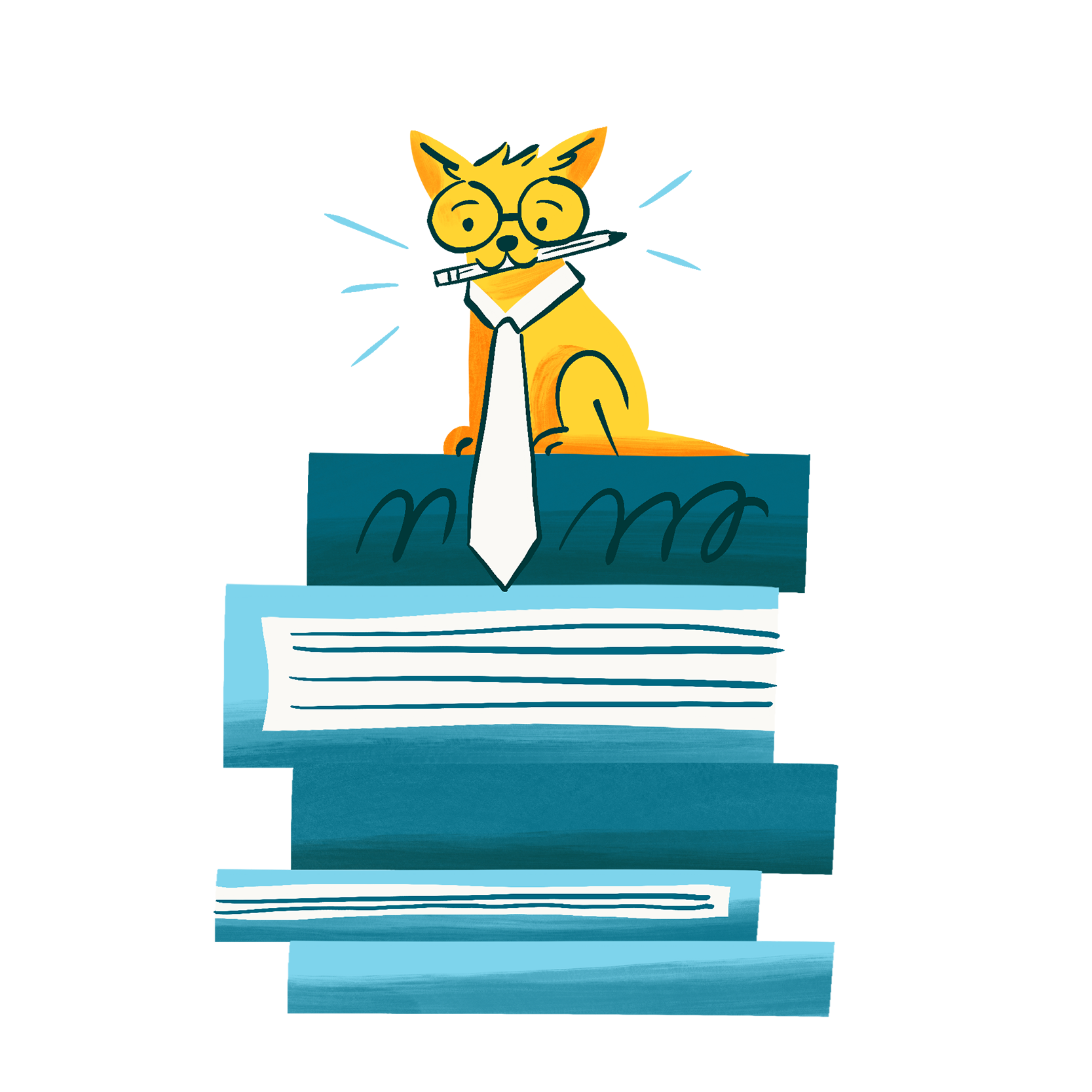 Illustration of a dog in a tie sitting on a stack of books