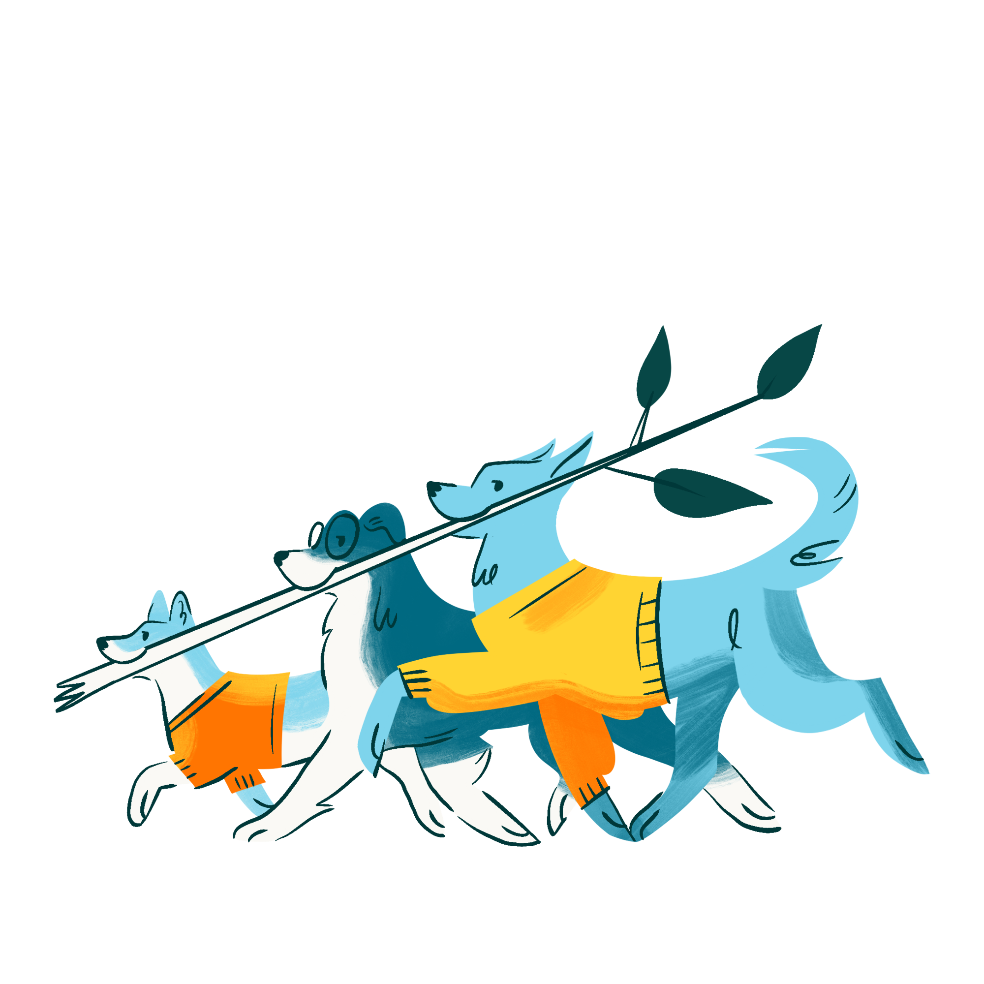 Illustration of three dogs carrying a branch together
