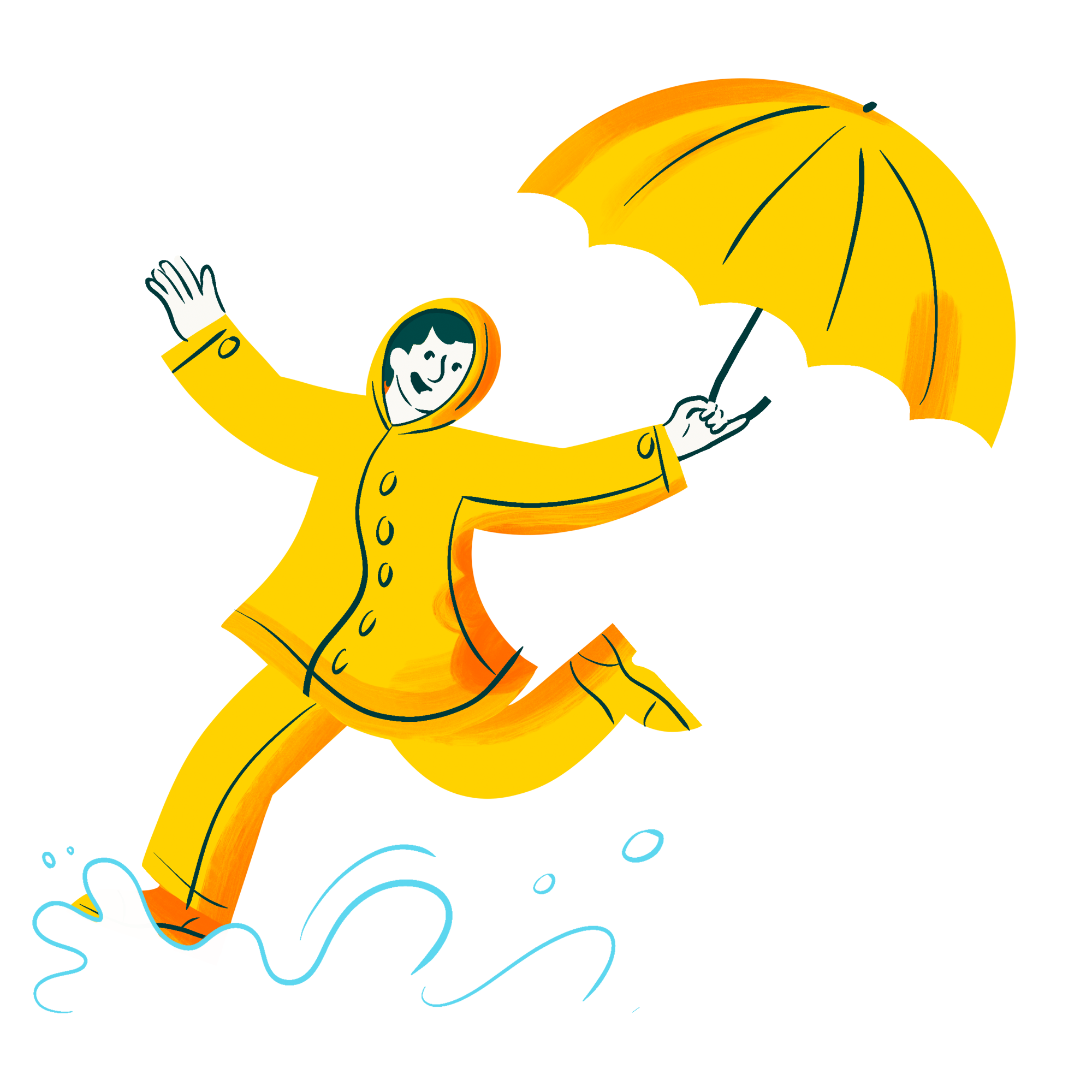 Illustration of a person in a yellow raincoat leaping with an umbrella